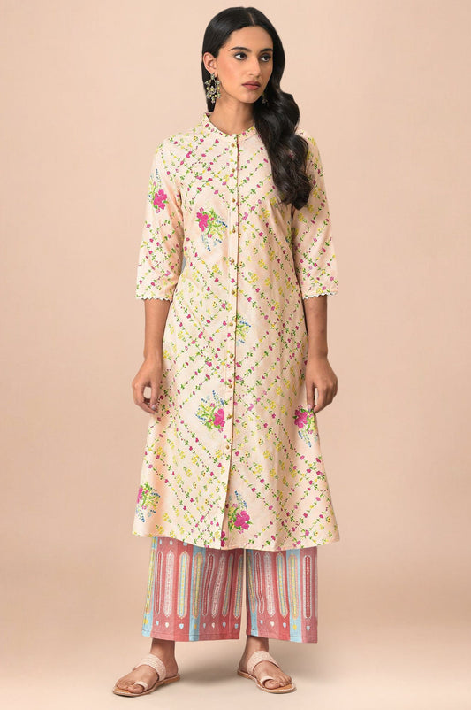 W for Woman Light Orange Floral Printed Lace Rayon A-Line Kurta and Parallel Pant Set