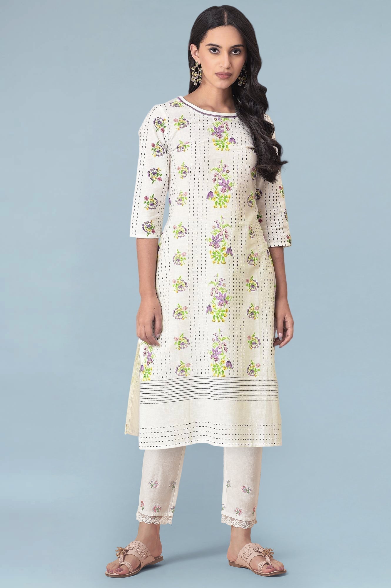 W for Woman Ecru Floral Lace Cotton Flax Straight Kurta and Slim Pant Set