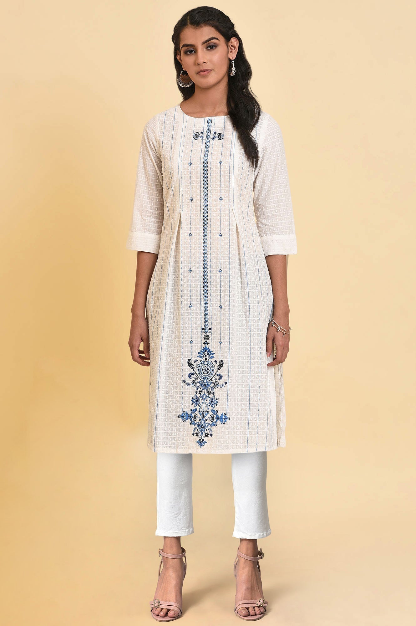 W for Woman Ecru Floral Printed Pure Cotton Straight Kurta and Jegging Set