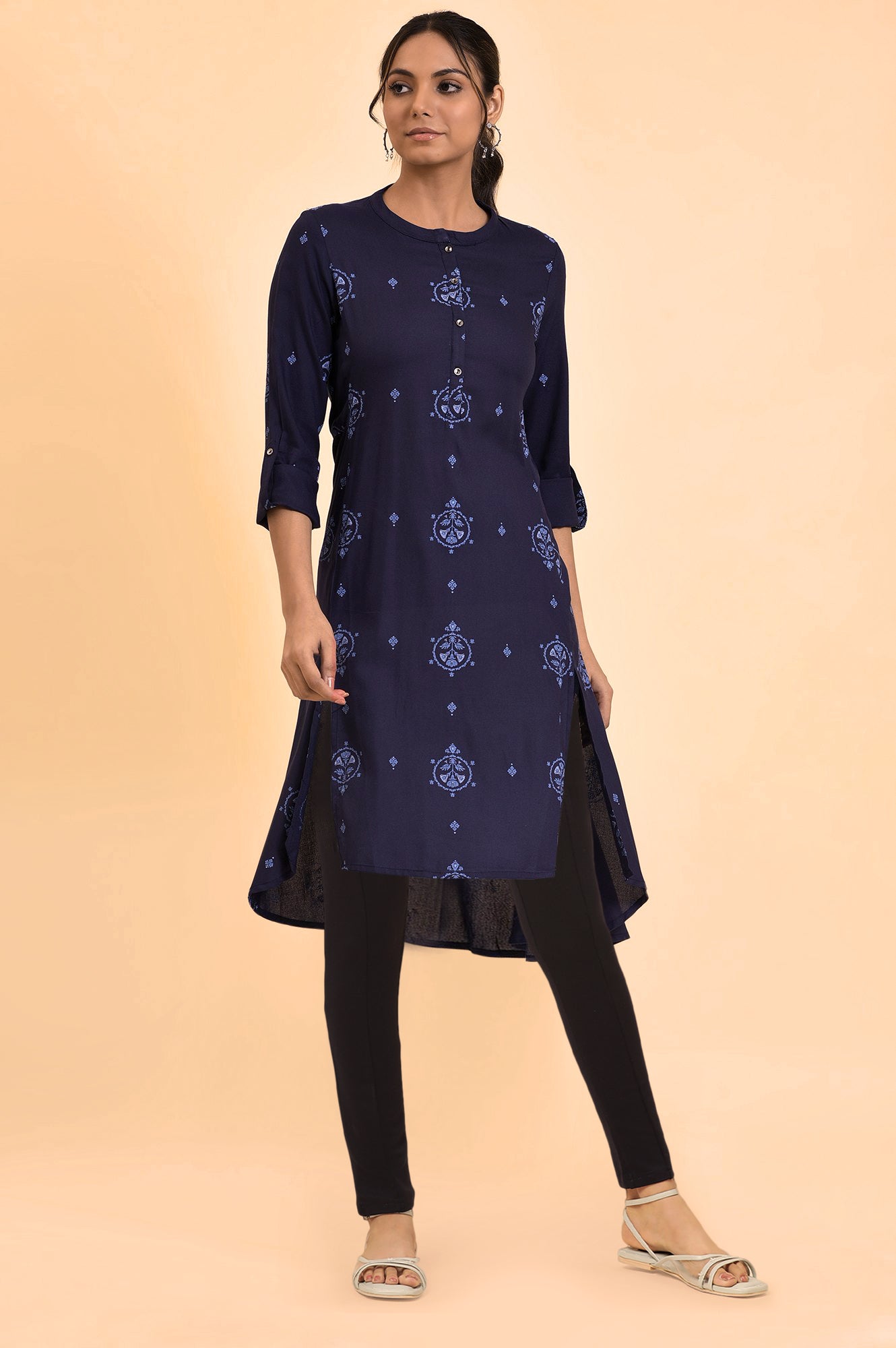 W for Woman Dark Blue Floral Printed Rayon Asymmetric Kurta and Jegging Set
