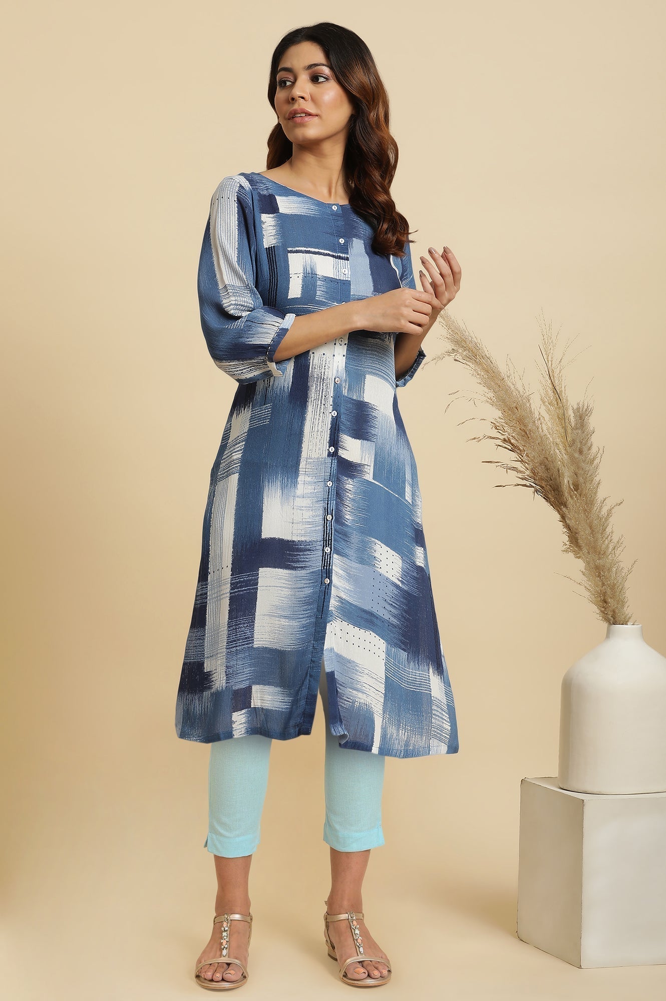 W for Woman Blue Abstract Kantha Rayon Crepe Straight Kurta and Slim Pant Set