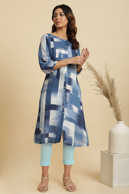 W for Woman Blue Abstract Kantha Rayon Crepe Straight Kurta and Slim Pant Set