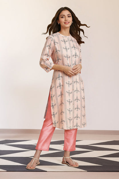 W for Woman Pink Geometric Printed Rayon Straight Kurta and Slim Pant Set