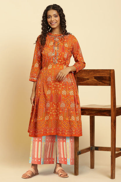W for Woman Orange Floral Printed Sequins A-Line Kurta and Parallel Pant Set