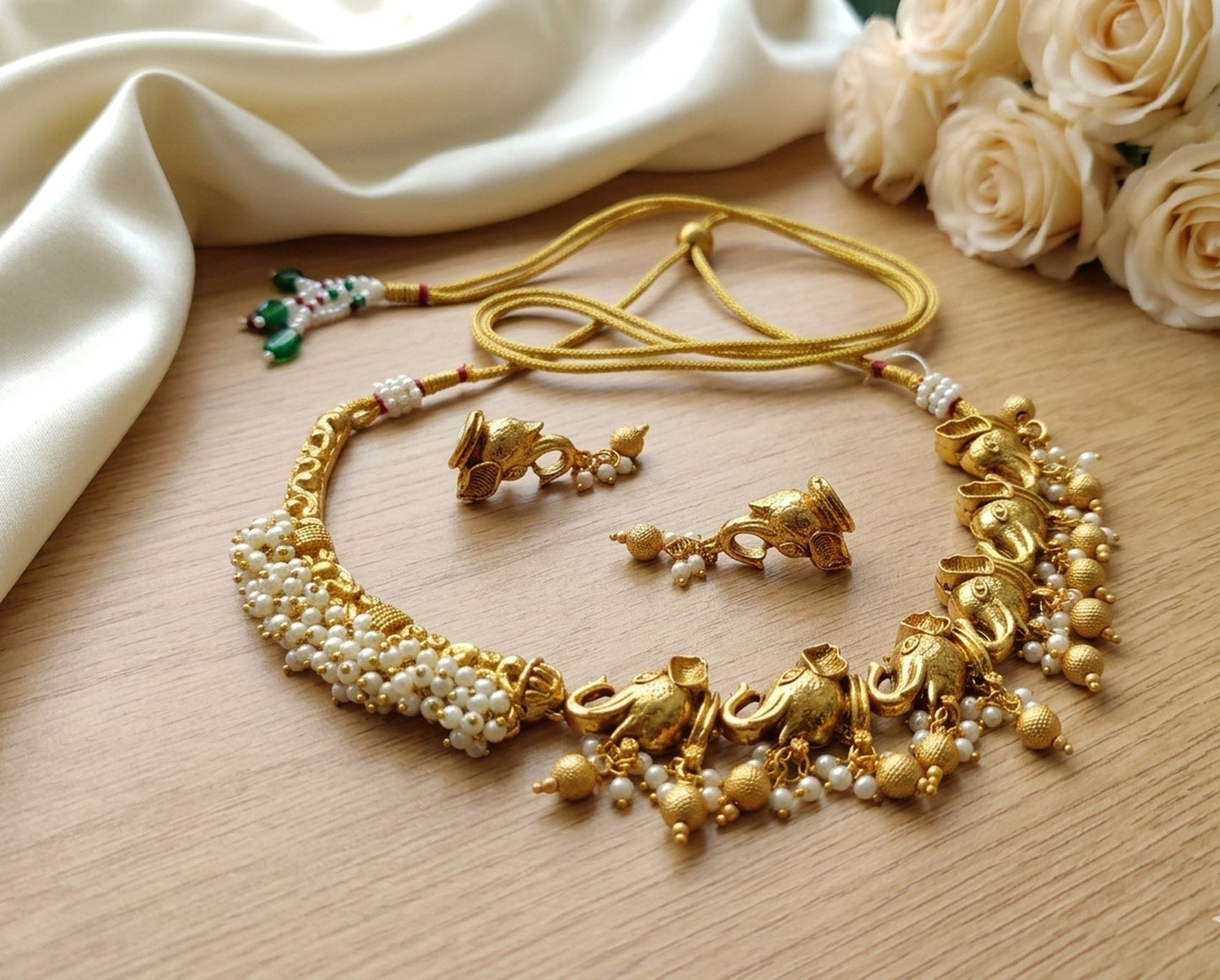 Jewel City Antique Gold South Indian Elephant Temple Choker Necklace Set with Pearls | Traditional Ethnic Bridal Fashion Jewelry