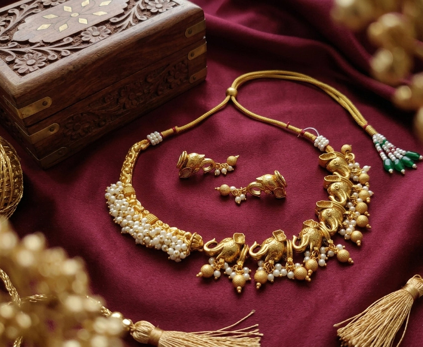 Jewel City Antique Gold South Indian Elephant Temple Choker Necklace Set with Pearls | Traditional Ethnic Bridal Fashion Jewelry