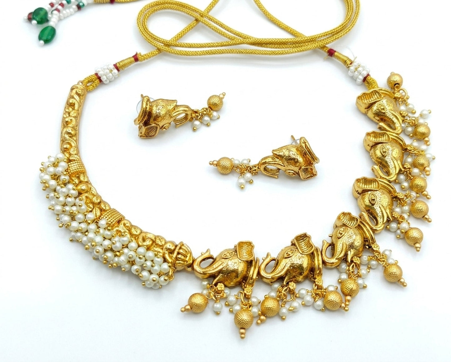 Jewel City Antique Gold South Indian Elephant Temple Choker Necklace Set with Pearls | Traditional Ethnic Bridal Fashion Jewelry