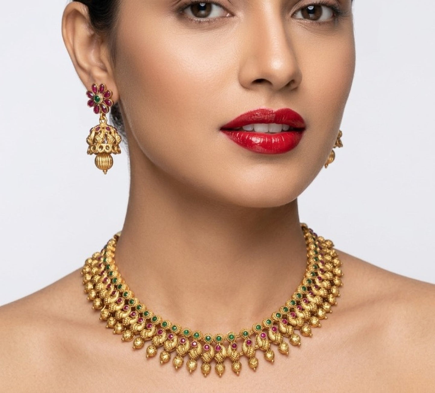 Jewel City Antique Gold Plated South Indian Temple Jewelry Set Choker Necklace Jhumka Earrings Wedding Festival