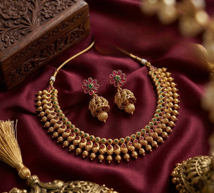 Jewel City Antique Gold Plated South Indian Temple Jewelry Set Choker Necklace Jhumka Earrings Wedding Festival