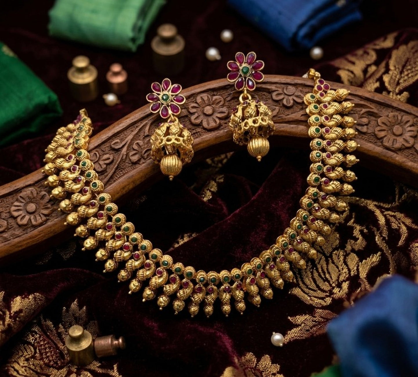 Jewel City Antique Gold Plated South Indian Temple Jewelry Set Choker Necklace Jhumka Earrings Wedding Festival
