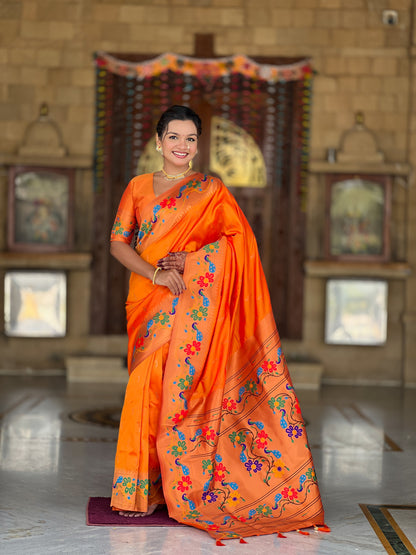 Mameraa Sarees Orange Faux Banarasi Silk Saree With Paithani Rich Weaved Pallu And Blouse-Orange