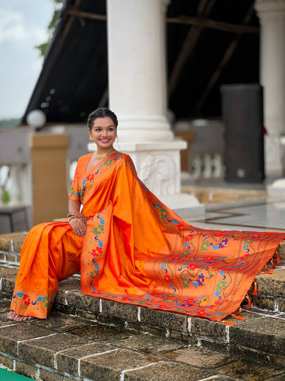 Mameraa Sarees Orange Faux Banarasi Silk Saree With Paithani Rich Weaved Pallu And Blouse-Orange