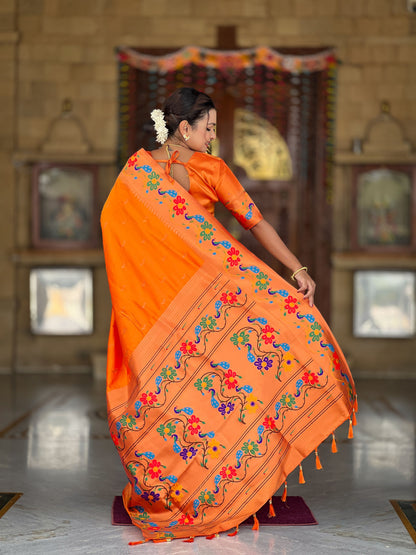 Mameraa Sarees Orange Faux Banarasi Silk Saree With Paithani Rich Weaved Pallu And Blouse-Orange