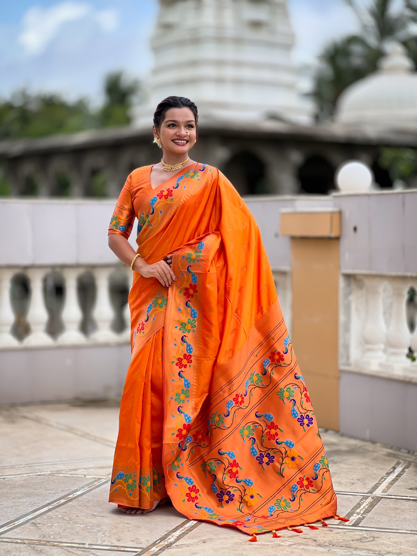Mameraa Sarees Orange Faux Banarasi Silk Saree With Paithani Rich Weaved Pallu And Blouse-Orange