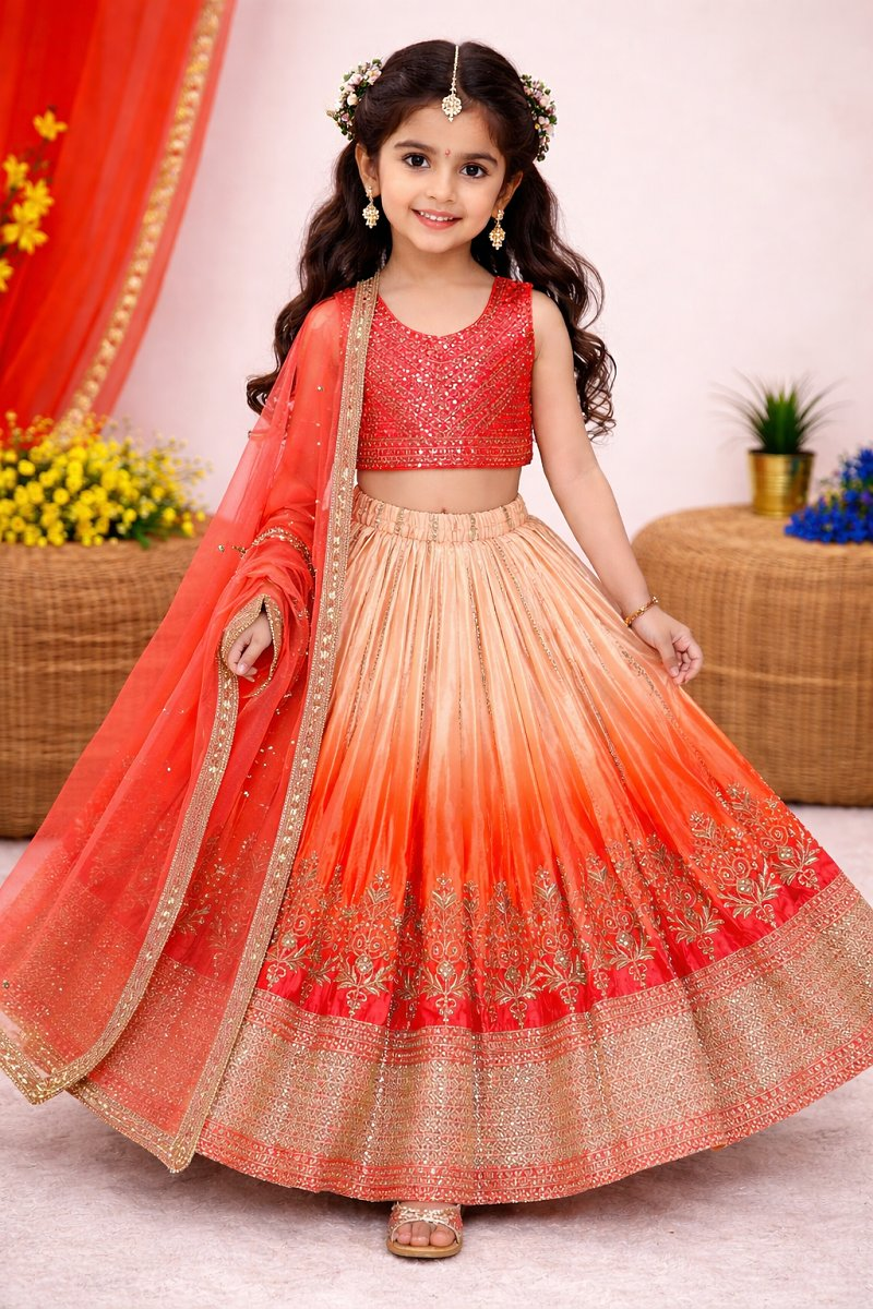 Evanik Orange Designer Chinon Silk Embroidered Work Wedding Lehenga Choli For Kids