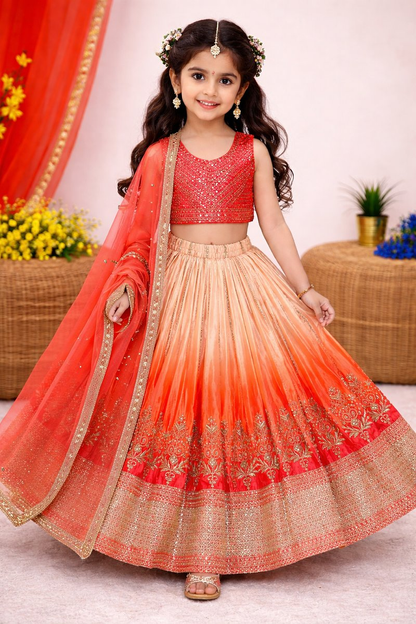 Evanik Orange Designer Chinon Silk Embroidered Work Wedding Lehenga Choli For Kids
