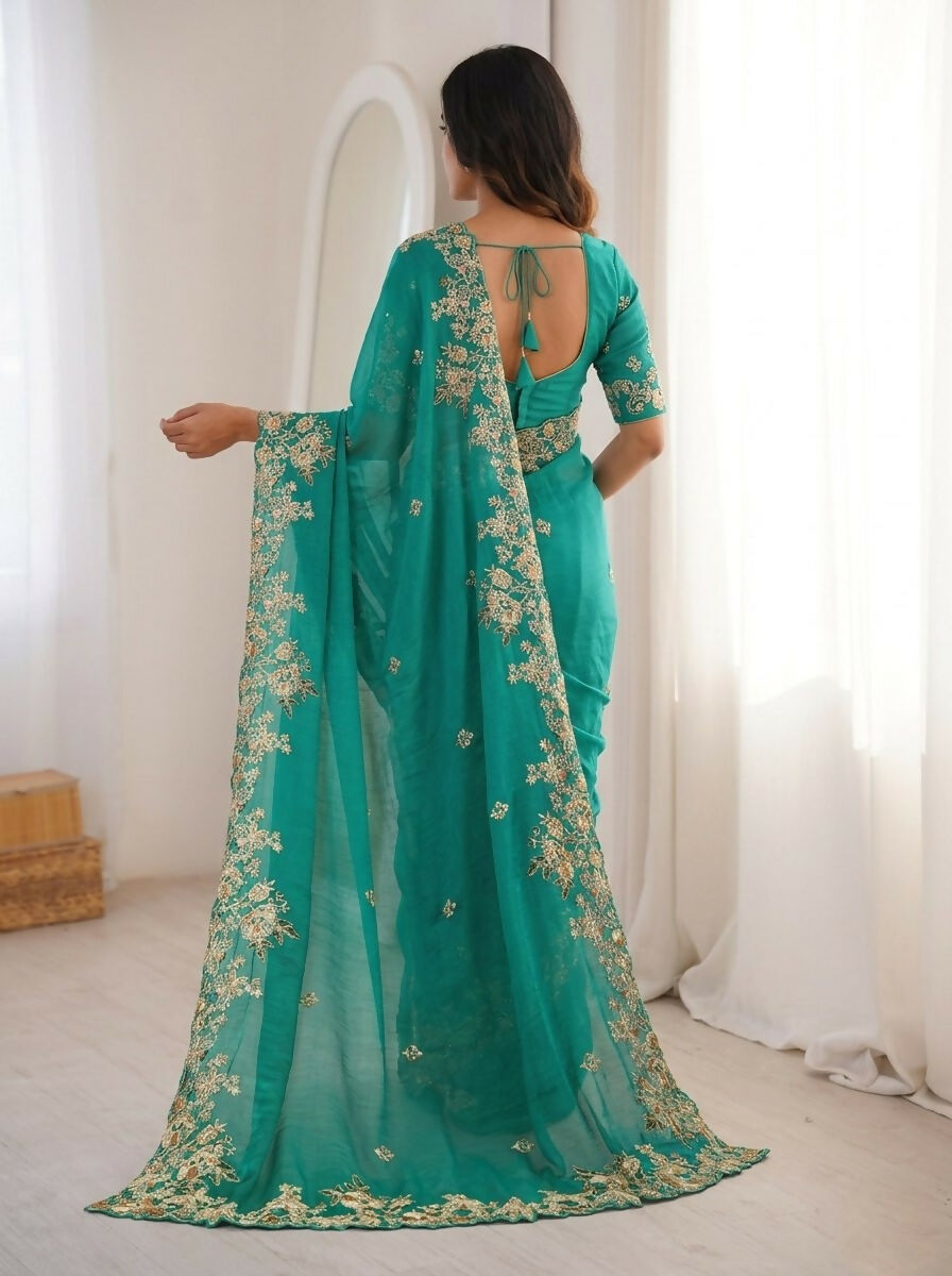 Teeya Creation New Womens Latest Party Wear Soft Chiffon Silk Saree-Teal