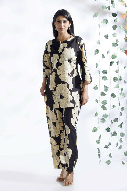 Breathables Black Floral Cotton Kurta & Pant Co-Ord Set