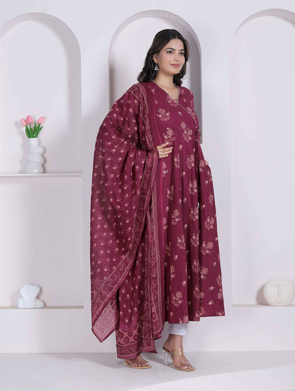 Miravan Womens Maroon Floral Printed Angrakha Pure Cotton Kurta And Dupatta