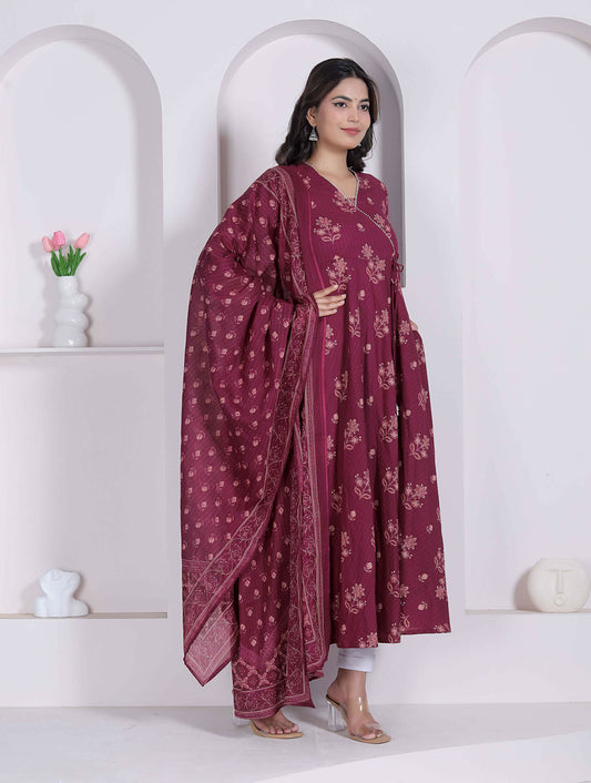 Miravan Womens Maroon Floral Printed Angrakha Pure Cotton Kurta And Dupatta