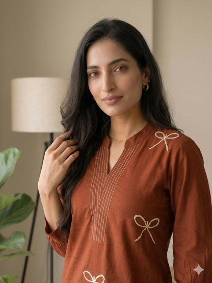 Teeya Creation Women New Trendy Rust Orange Embroidered Cotton Kurta with Palazzos