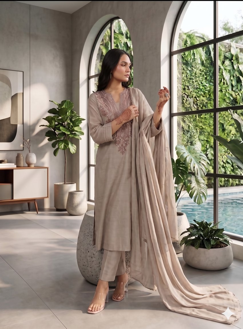 Teeya Creation Trends Grey Embroidered Kurta With Pant And Dupatta Set