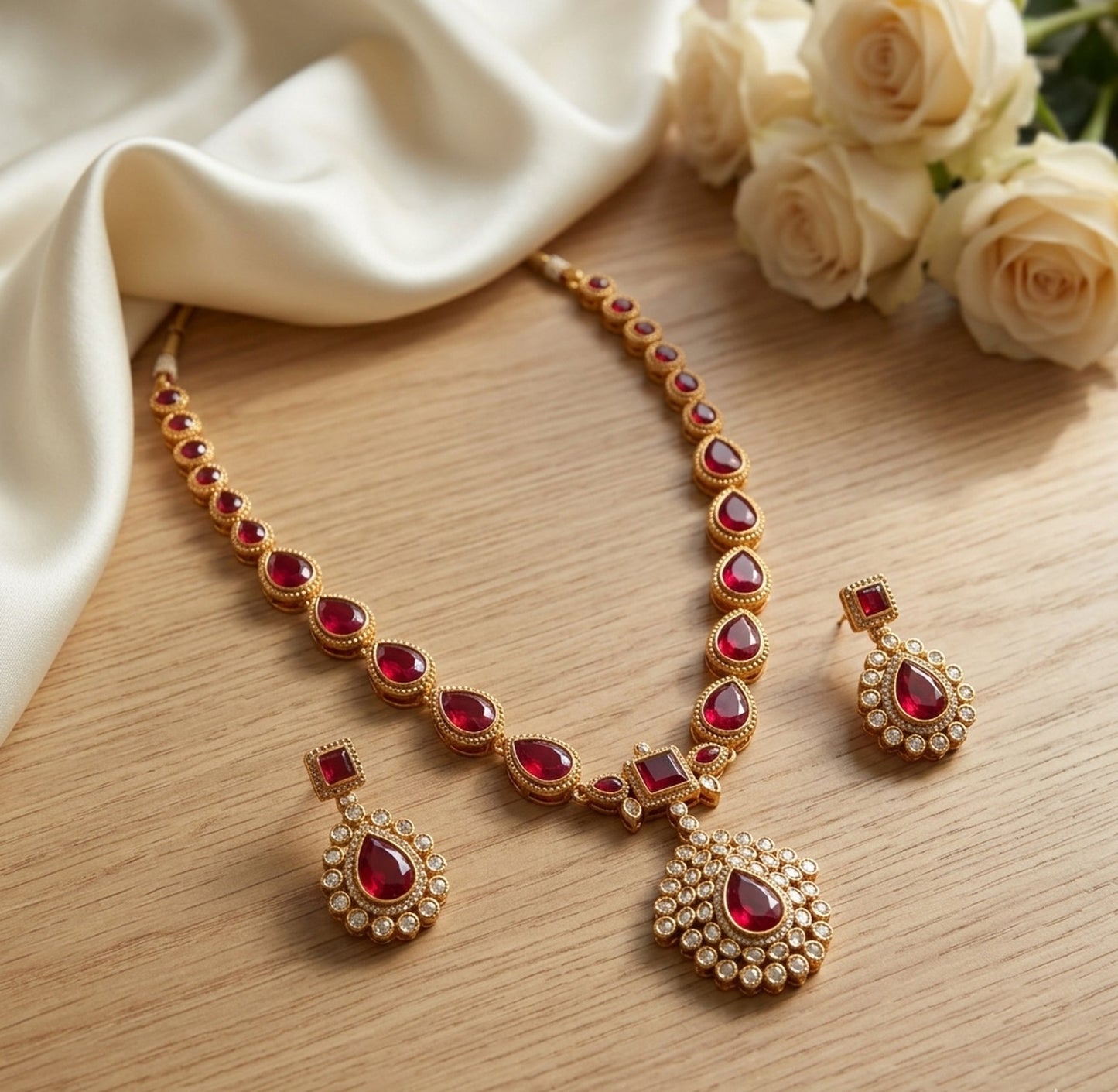 Jewel City Gold Plated Ruby Indian Jewelry Set Wedding Necklace with Earrings | Bollywood Bridal Festival Wear