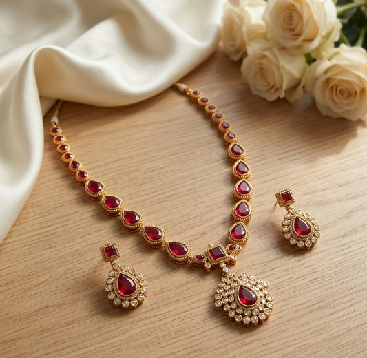 Jewel City Gold Plated Ruby Indian Jewelry Set Wedding Necklace with Earrings | Bollywood Bridal Festival Wear