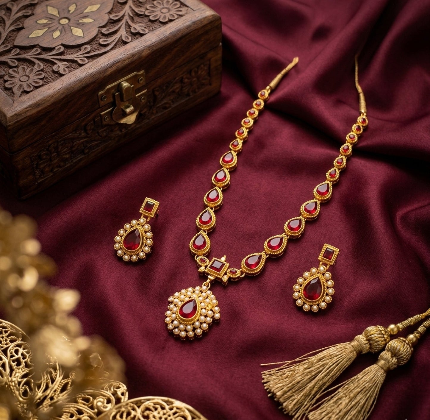 Jewel City Gold Plated Ruby Indian Jewelry Set Wedding Necklace with Earrings | Bollywood Bridal Festival Wear