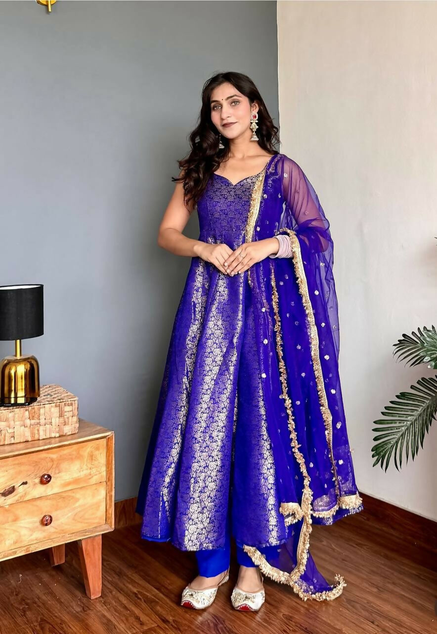 Lehenga Mart Designer Anarkali Suit With Kurta Bottom Dupatta For Women-Blue