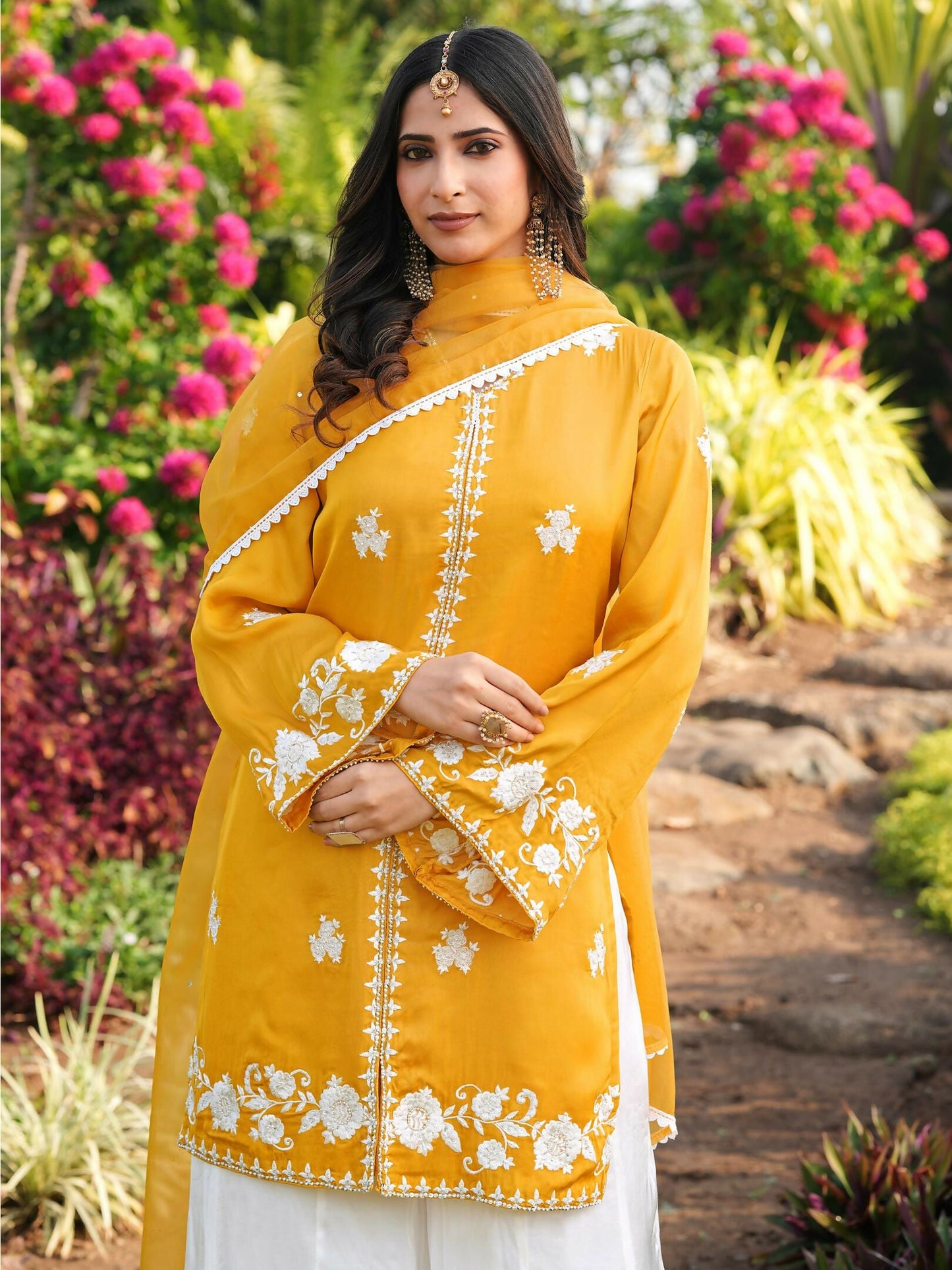 Nikhaar Yellow Embroidered Modal Silk Stitched Straight Cut Kurta Kalidar Palazzo Dupatta Readymade Suit