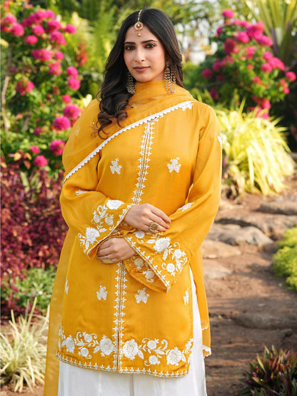 Nikhaar Yellow Embroidered Modal Silk Stitched Straight Cut Kurta Kalidar Palazzo Dupatta Readymade Suit