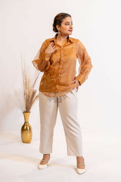 Timaraa Rust Brown Organza Shirt With Pearl & Katdana Embellishment