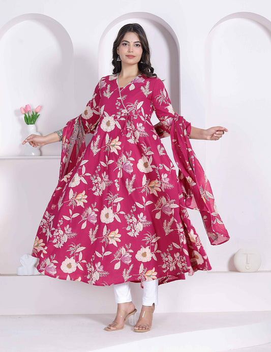 Miravan Womens Pink Floral Printed Angrakha Kurta With Dupatta