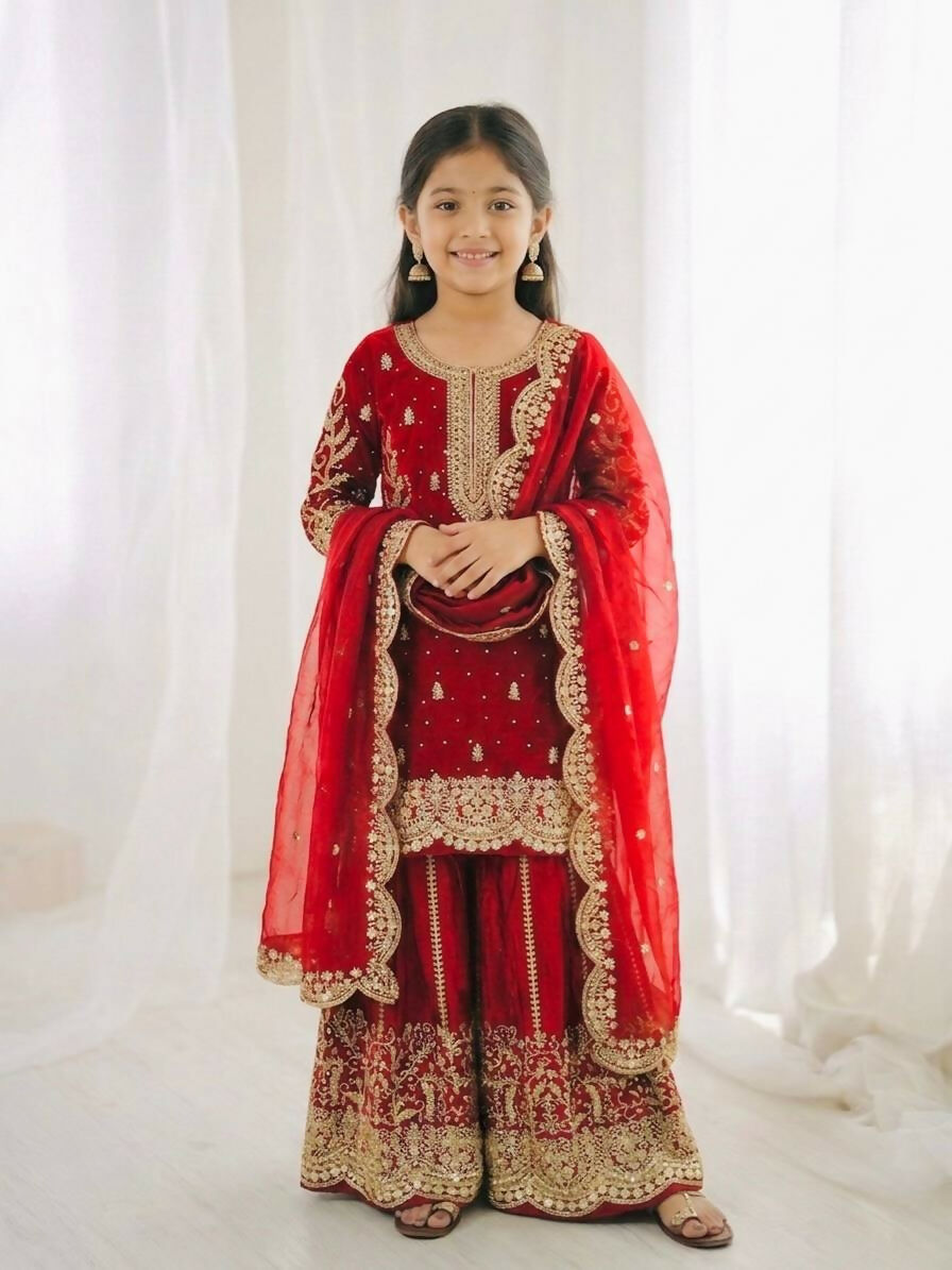 Teeya Creation New Trendy Fully Stitched Ready to Wear Kids Kurta Palazzo Set-Red