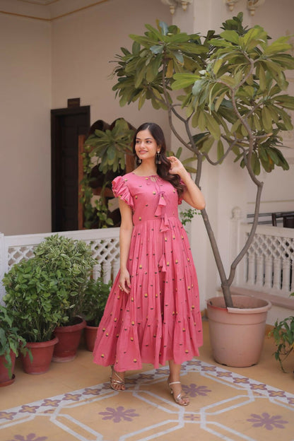 Teeya Creation Womens New Summer Wear Cotton Fabric With Embroidered Work Gown Set