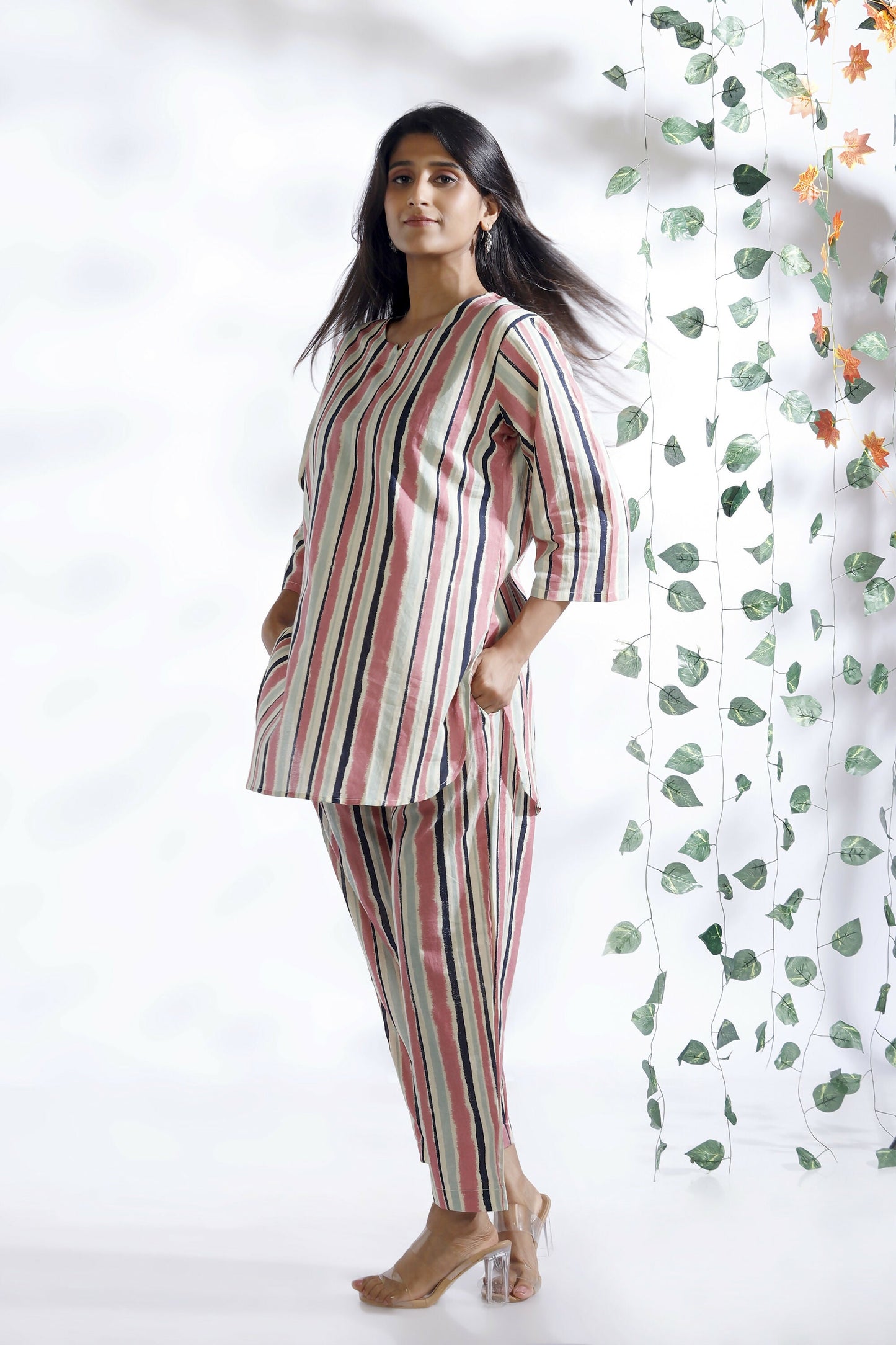 Breathables WomenS Pink Cotton Stripes Loungewear Co-Ord Set