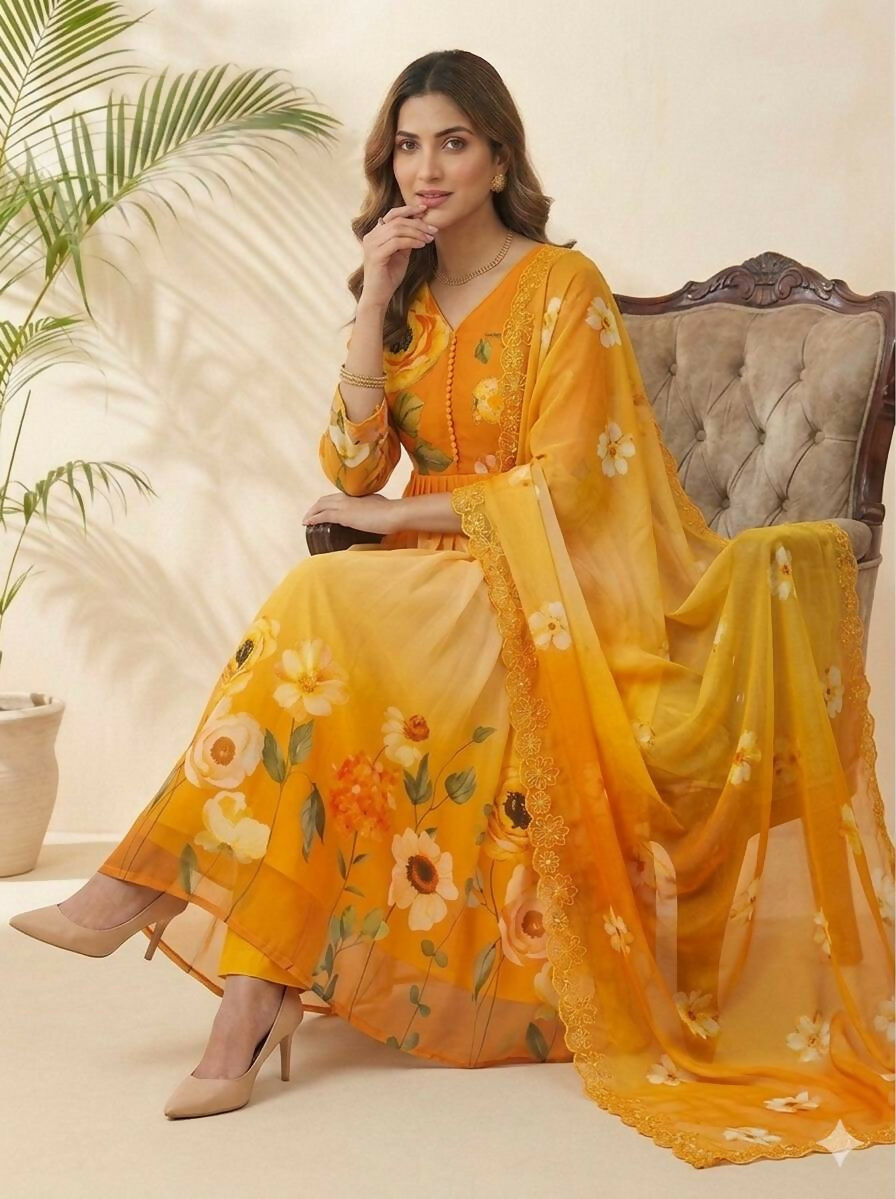 Teeya Creation Womens New Fancy Fox Georgette Heavy Quality Fabric With Handwork Yellow Gown Set
