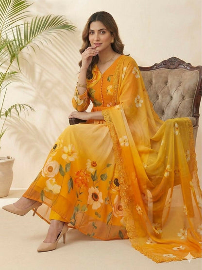 Teeya Creation Womens New Fancy Fox Georgette Heavy Quality Fabric With Handwork Yellow Gown Set
