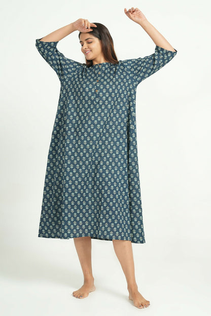 Breathables Women Cotton Printed Loungewear Short Dress Blue I Night Wear | Nighty | Maternity Gown