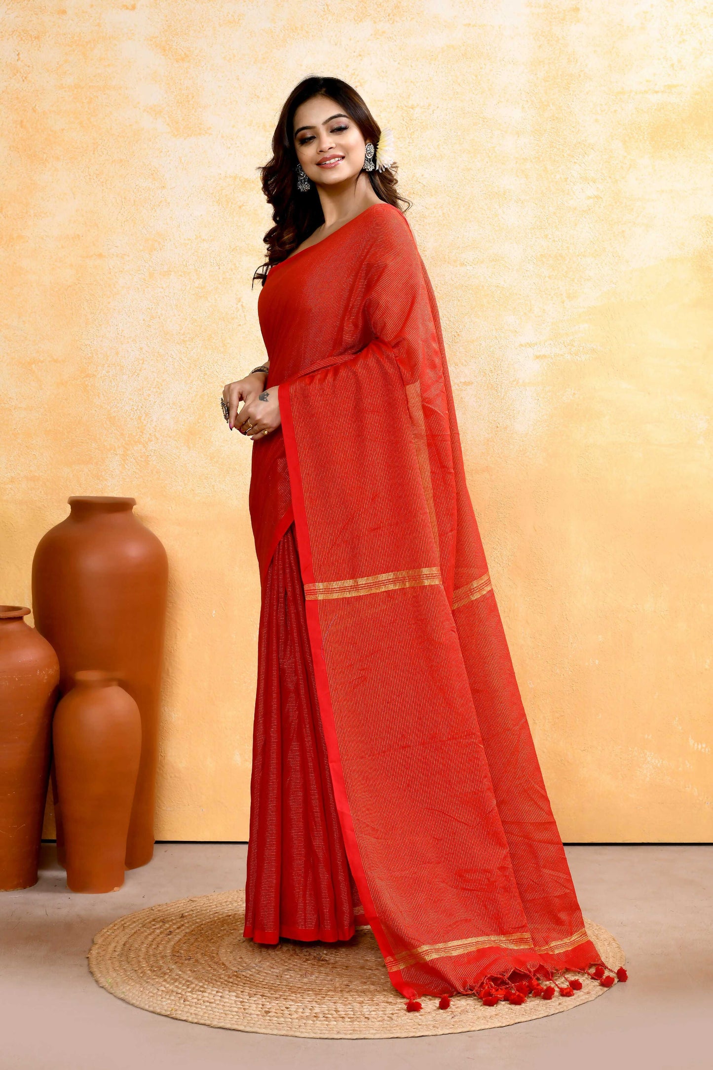 Piyari Fashion Women's Red Embellished Cotton Blend Zari Check Handloom Saree