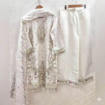 Teeya Creation Womens New Trendy Silk With Heavy Embroiedery With Sequence Work White Kurta Set