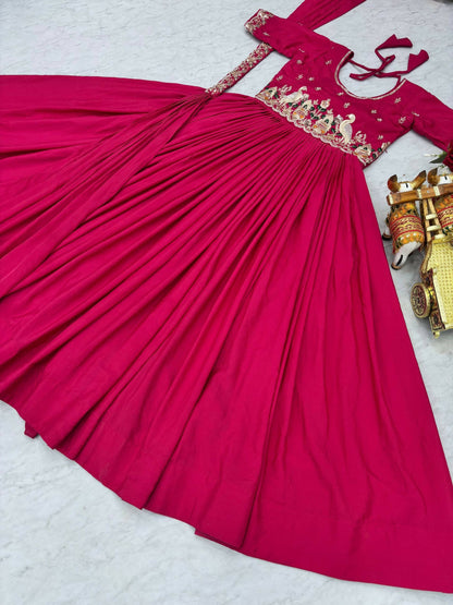 Teeya Creation Womens New Trendy Heavy Cording Sequence & Beads Embroidery Work Pink Gown Set