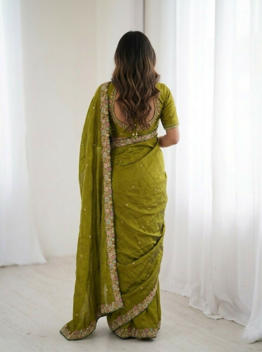 Teeya Creation New Trendy Party Wear Soft Satin Chiffon Saree-Dark_Green