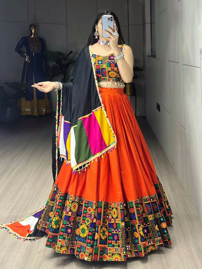 Yash Enterprise Orange Rayon Cotton Embroidery Semi Stitched Navratri Chaniya Choli