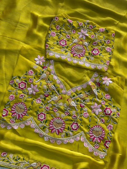 Teeya Creation New Trendy Party Wear Soft Satin Chiffon Saree-Yellow