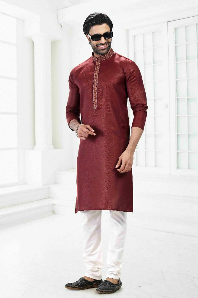 Raivat Ethnic Linen Cotton Thread Work Kurta Pajama In Maroon Colour