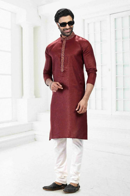 Raivat Ethnic Linen Cotton Thread Work Kurta Pajama In Maroon Colour
