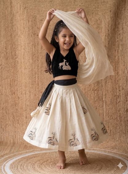 Teeya Creation New Latest Kids Off-White Silk Lehenga With Black Velvet Choli & Deer Embroidery Motif-Black
