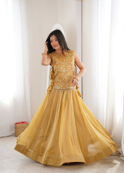 Lorenvalley Fashion Yellow Salsa Crush Plain Lehenga Choli with Koti